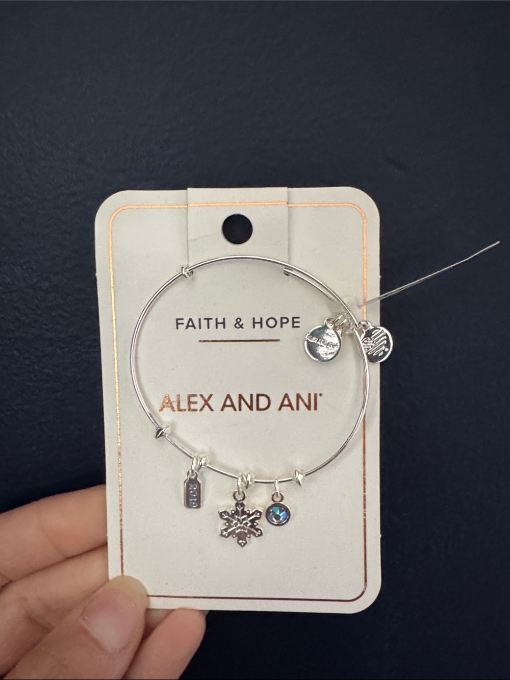 Alex and Ani Silver Snowflake Charm Bangle with Blue Crystal Accent
